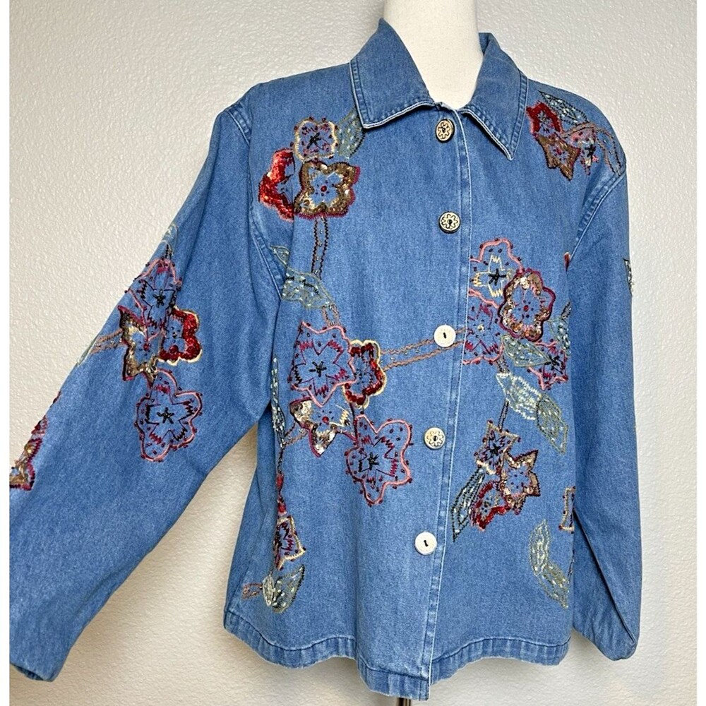 Tantrums womens embellished sequin embroidered jean jacket Large cottagecore